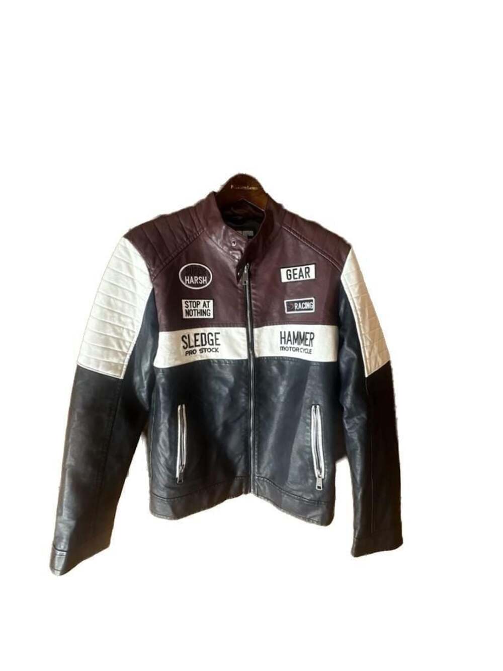 Chor Clothing Company Men's Color Block Faux Leather Motorcycle Racing Jacket